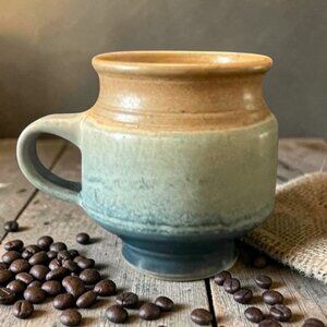 Vintage Stoneware Mug Artisan Signed by the Maker; Blue Gray & Beige, 10 oz